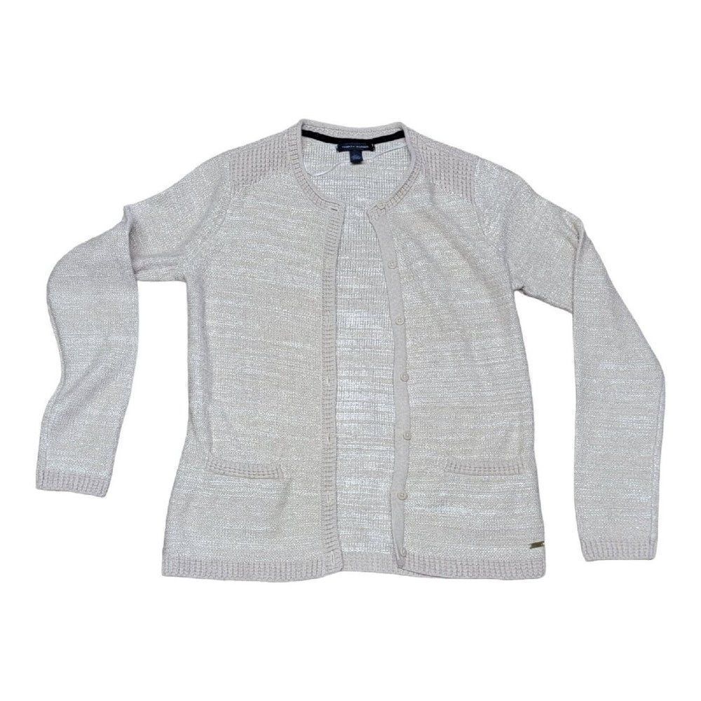 Tommy Hilfiger Beige Sweater Cardigan Size S / P Petite Cotton Gold Accent